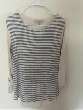 LOFT Gray & Cream Striped Long-Sleeve Tee